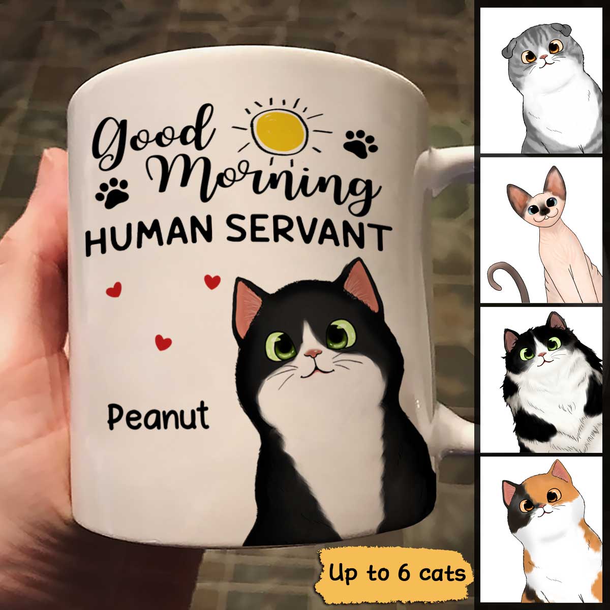 Good Morning Human Servant Cute Peeking Fluffy Cat Personalized Mug