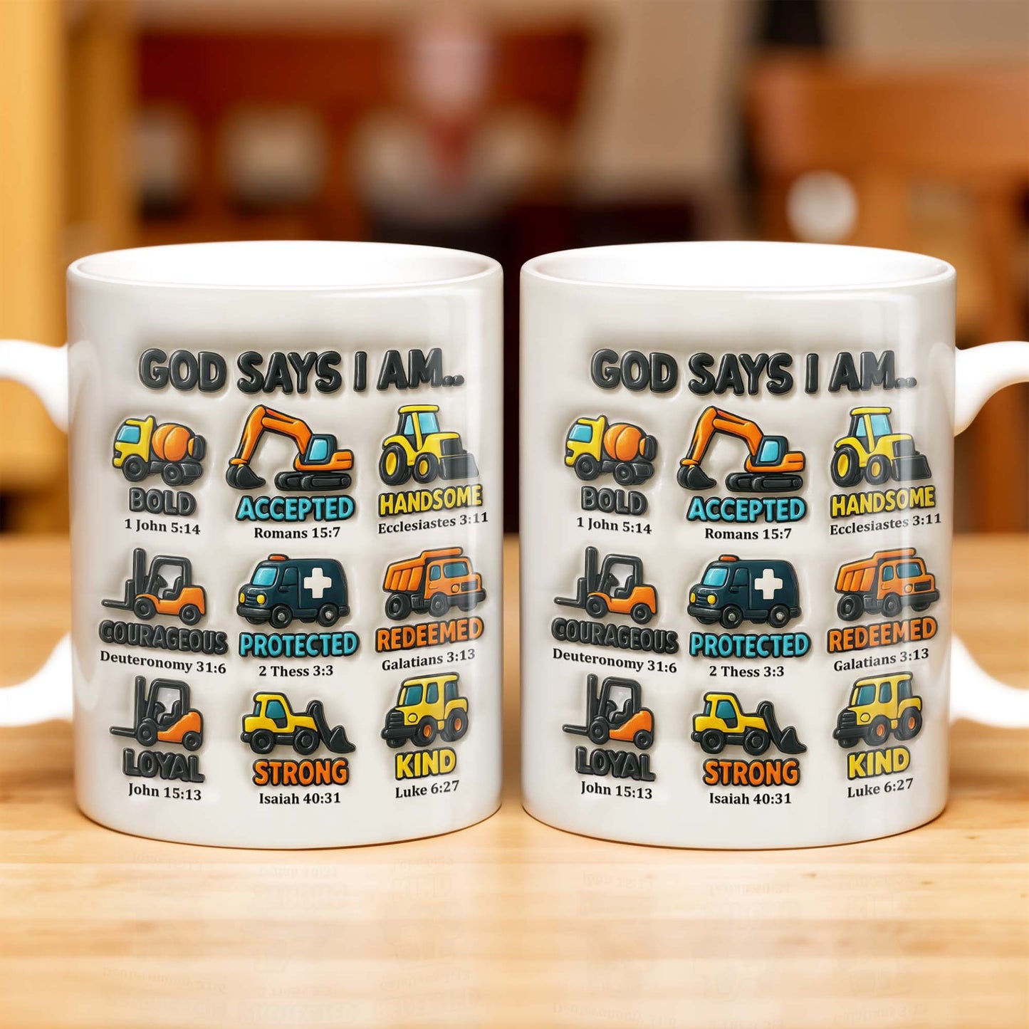 God Says I Am Bold, Accepted, Handsome, Strong, Kind, Construction Vehicles - Personalized Custom Coffee Mug - KID074_MG