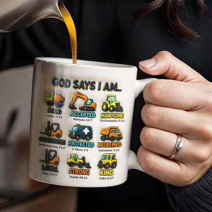 God Says I Am Bold, Accepted, Handsome, Strong, Kind, Construction Vehicles - Personalized Custom Coffee Mug - KID074_MG