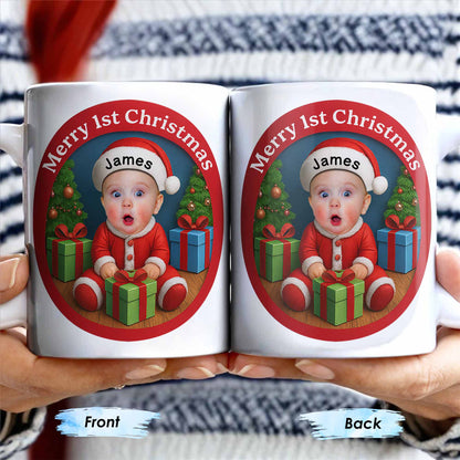 Merry 1st Christmas, Baby With Christmas Tree And Gifts - Personalized Custom Coffee Mug - KID226_MG
