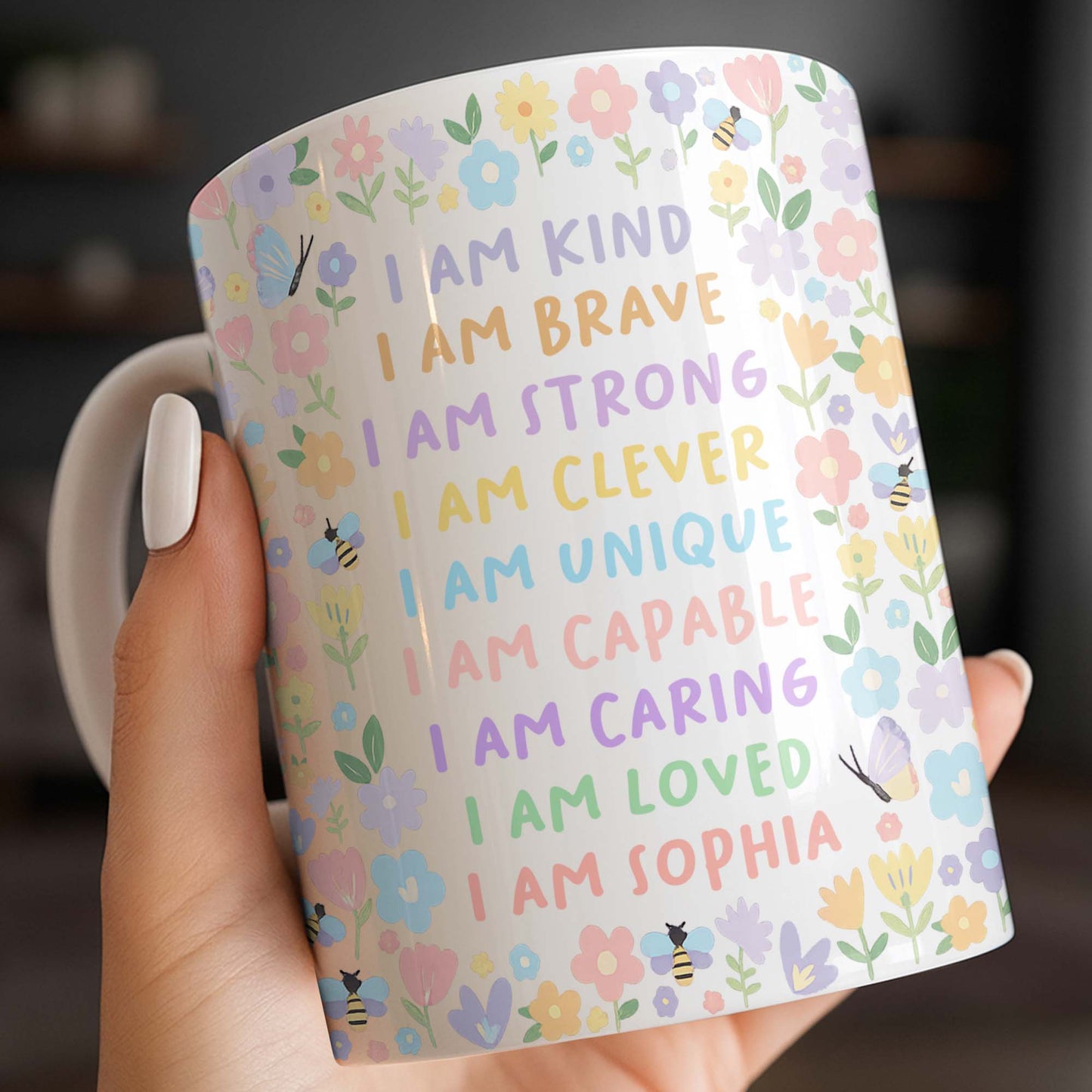 I Am Kind, I Am Brave, Encouraging Floral Design - Personalized Custom Coffee Mug - KID235_MG