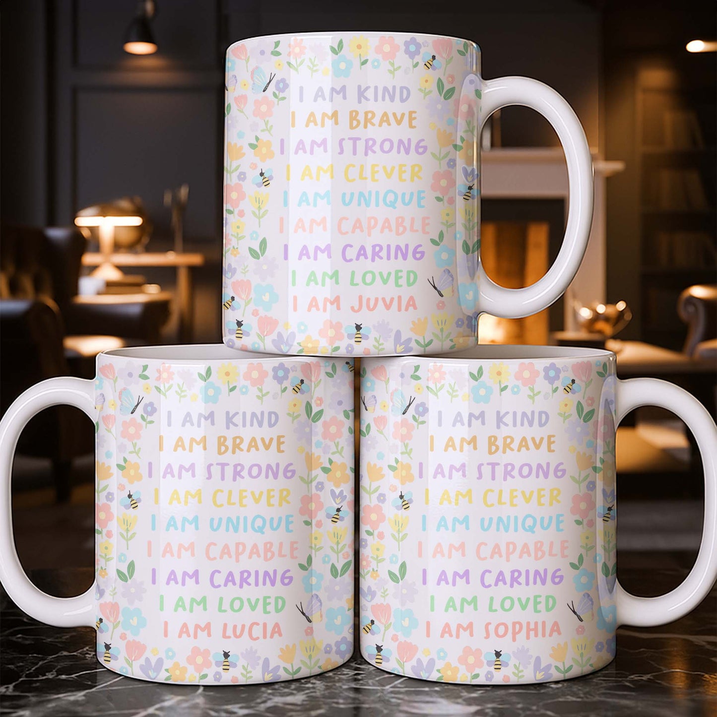 I Am Kind, I Am Brave, Encouraging Floral Design - Personalized Custom Coffee Mug - KID235_MG