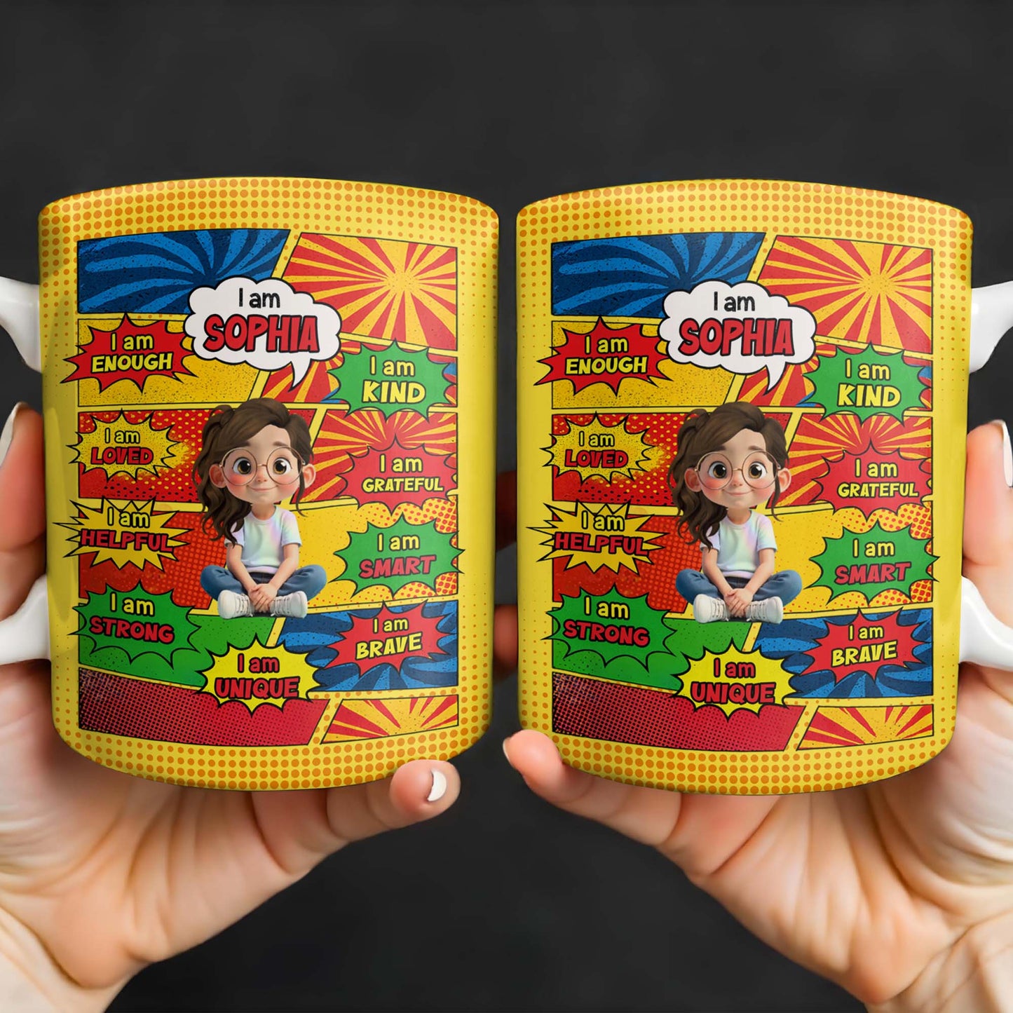 Empowering Comic Style Blast Themed Mug With Positive Affirmations - Personalized Custom Coffee Mug - KID328_MG