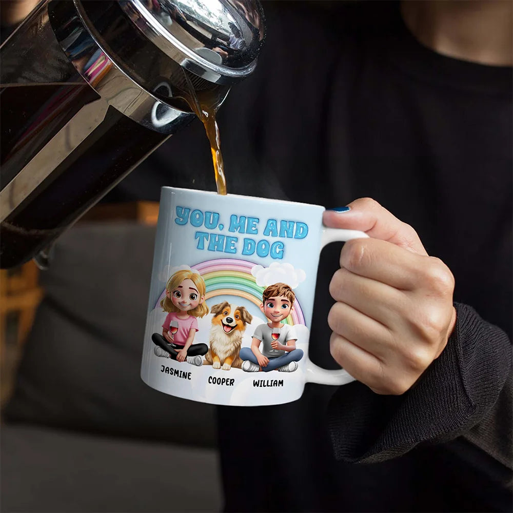 Rainbow You, Me And The Dog - 3D Inflated Effect Printed Mug, Personalized White Edge-to-Edge Mug