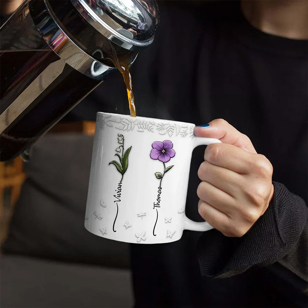 Birth Flowers For Mom, Grandma, Besties - 3D Embossed Effect Printed Mug, Personalized White Edge-to-Edge Mug