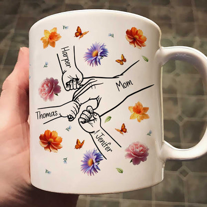 Grandma Mom 3D Effect Birth Flower Kids Holding Hand Outline Personalized Mug