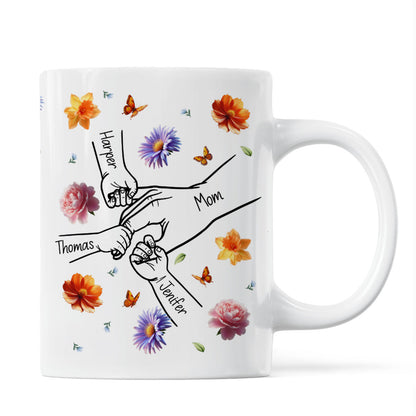 Grandma Mom 3D Effect Birth Flower Kids Holding Hand Outline Personalized Mug
