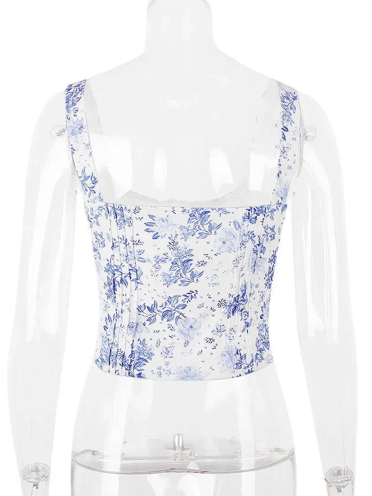 Blue Floral Print Hook Corset Top