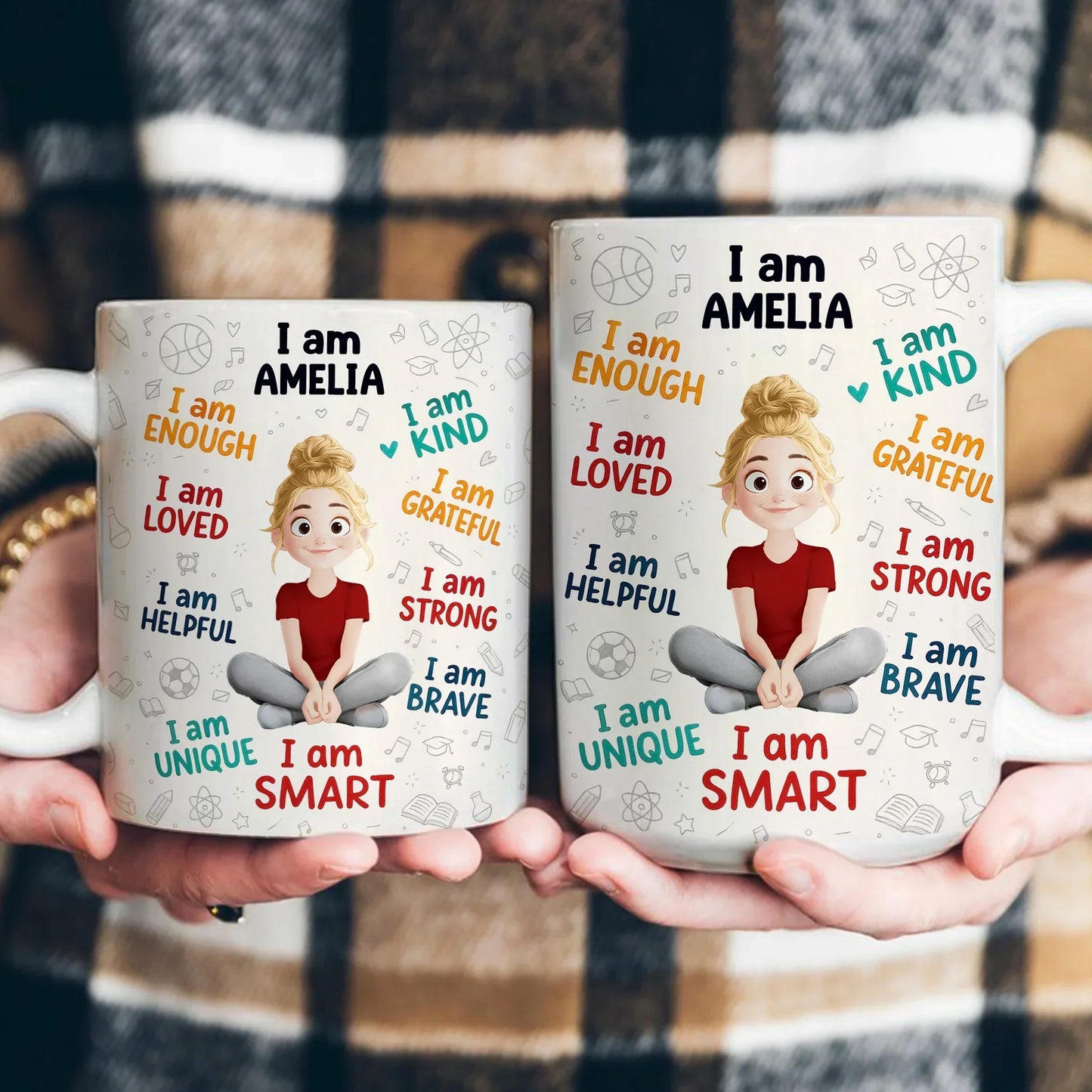 Personalized Kids Affirmation Mug Cute Cartoon Character, Daily Confidence Boost Gift for Children