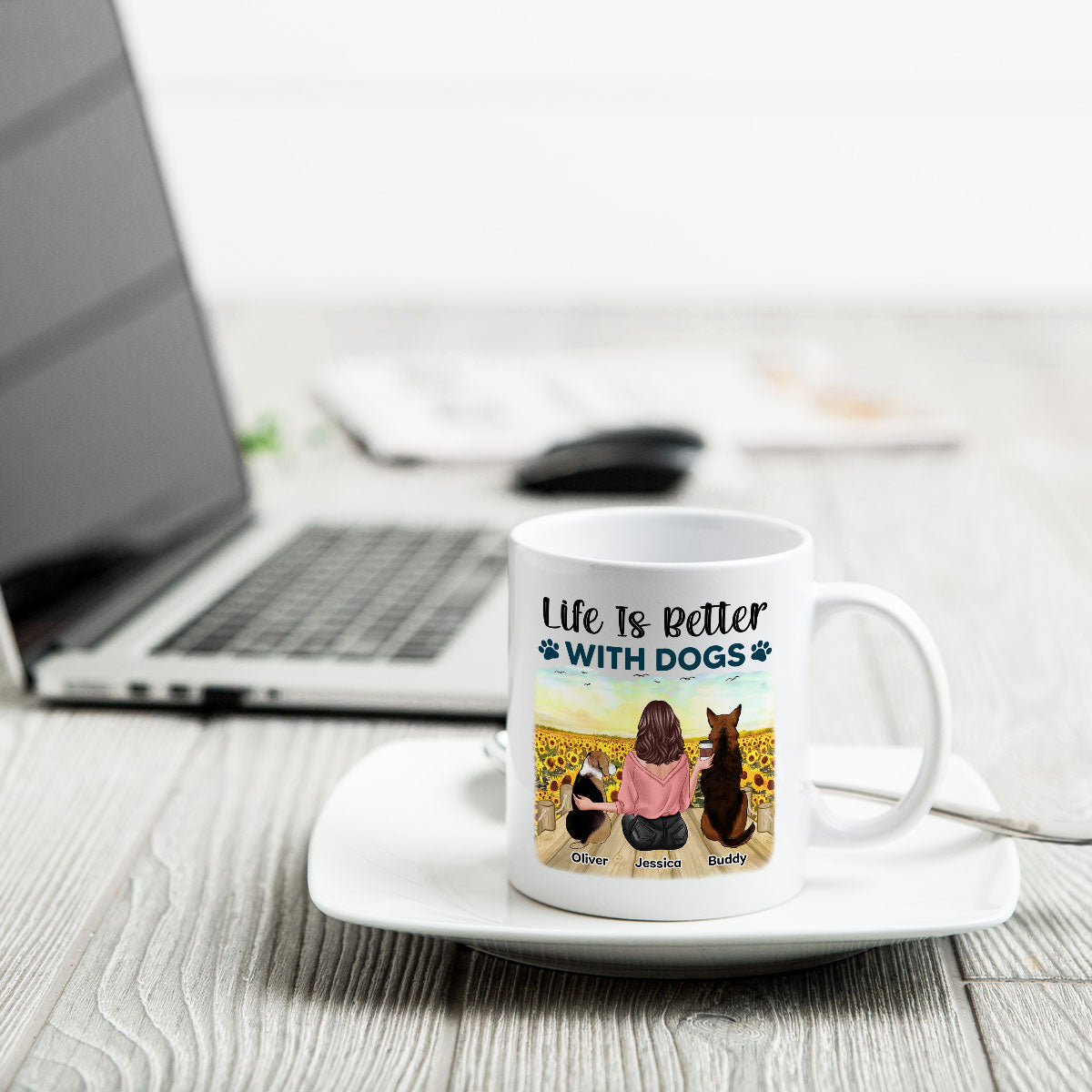 Girl & Dogs Bond Can't Be Broken Sunflower Field Personalized Mug
