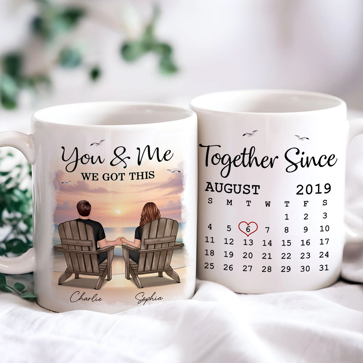 Eternal Sunset Beach Couple Back View Anniversary Calendar Personalized Mug, Gift, Anniversary Gift For Him, For Her