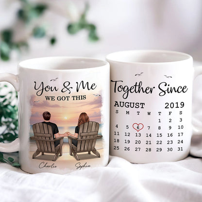 Eternal Sunset Beach Couple Back View Anniversary Calendar Personalized Mug, Gift, Anniversary Gift For Him, For Her