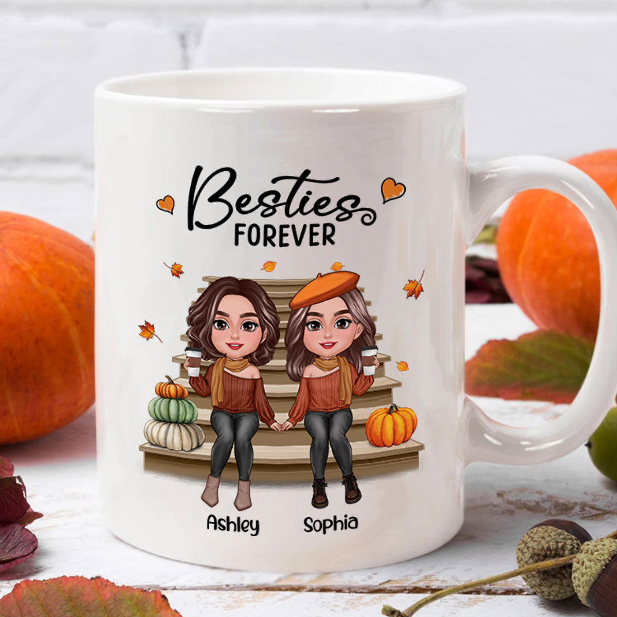 Fall Season Best Friends Sisters Sitting On Stair Personalized Mug
