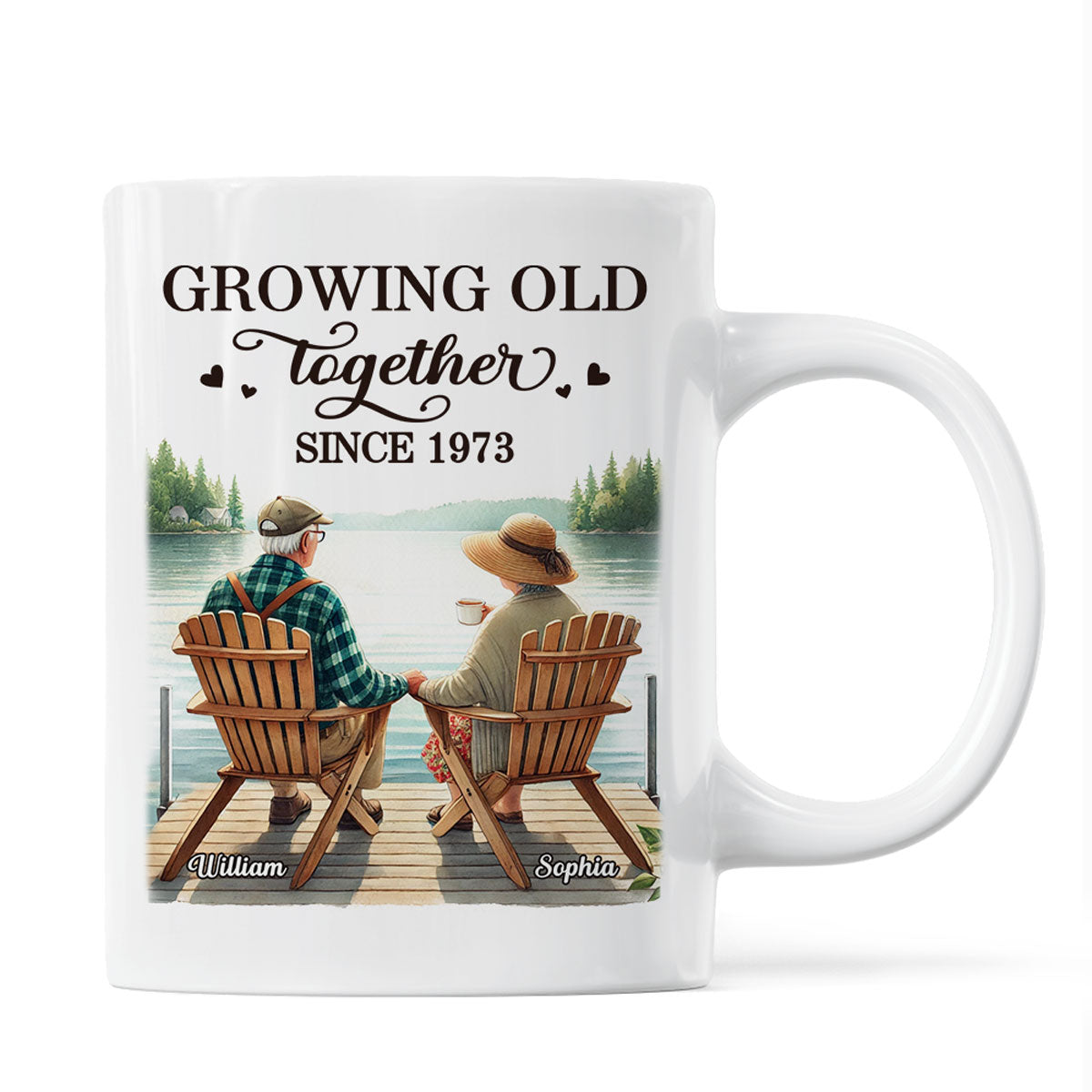 Back View Old Couple Sitting Together On The Lake Dock Personalized Mug, Heartfelt Gift For Him, For Her, Husband, Wife