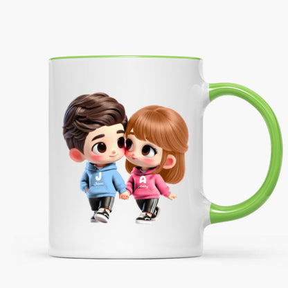 3D Effect Cute Cartoon Couple Holding Hands Personalized Mug, Anniversary & Gift for him, Gift for her