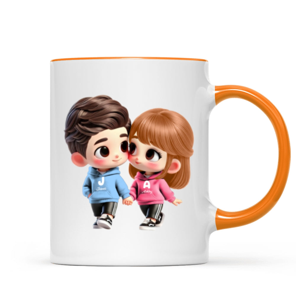 3D Effect Cute Cartoon Couple Holding Hands Personalized Mug, Anniversary & Gift for him, Gift for her
