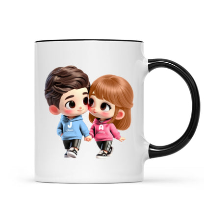 3D Effect Cute Cartoon Couple Holding Hands Personalized Mug, Anniversary & Gift for him, Gift for her