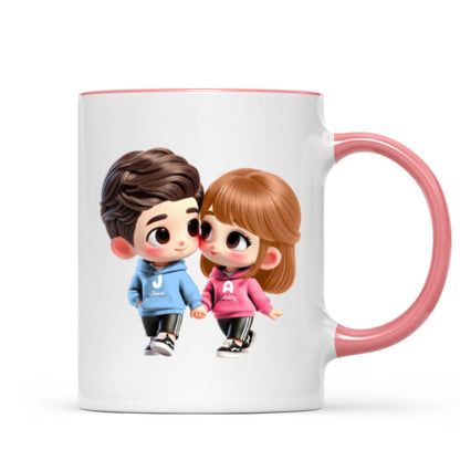 3D Effect Cute Cartoon Couple Holding Hands Personalized Mug, Anniversary & Gift for him, Gift for her