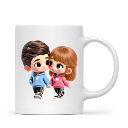 3D Effect Cute Cartoon Couple Holding Hands Personalized Mug, Anniversary & Gift for him, Gift for her