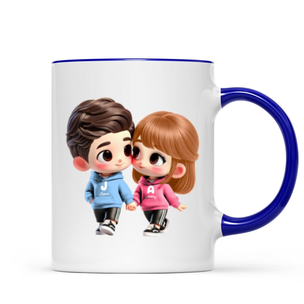 3D Effect Cute Cartoon Couple Holding Hands Personalized Mug, Anniversary & Gift for him, Gift for her