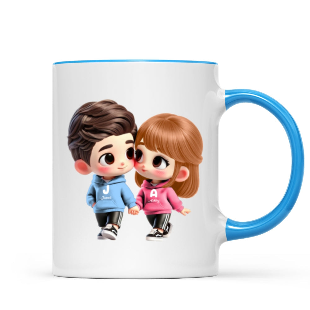 3D Effect Cute Cartoon Couple Holding Hands Personalized Mug, Anniversary & Gift for him, Gift for her