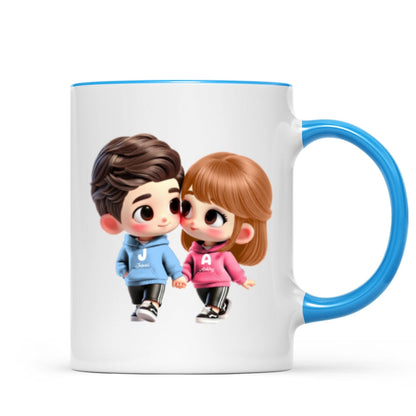 3D Effect Cute Cartoon Couple Holding Hands Personalized Mug, Anniversary & Gift for him, Gift for her