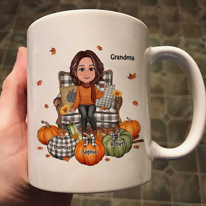 Grandma Sitting On Chair Pumpkins Personalized Mug
