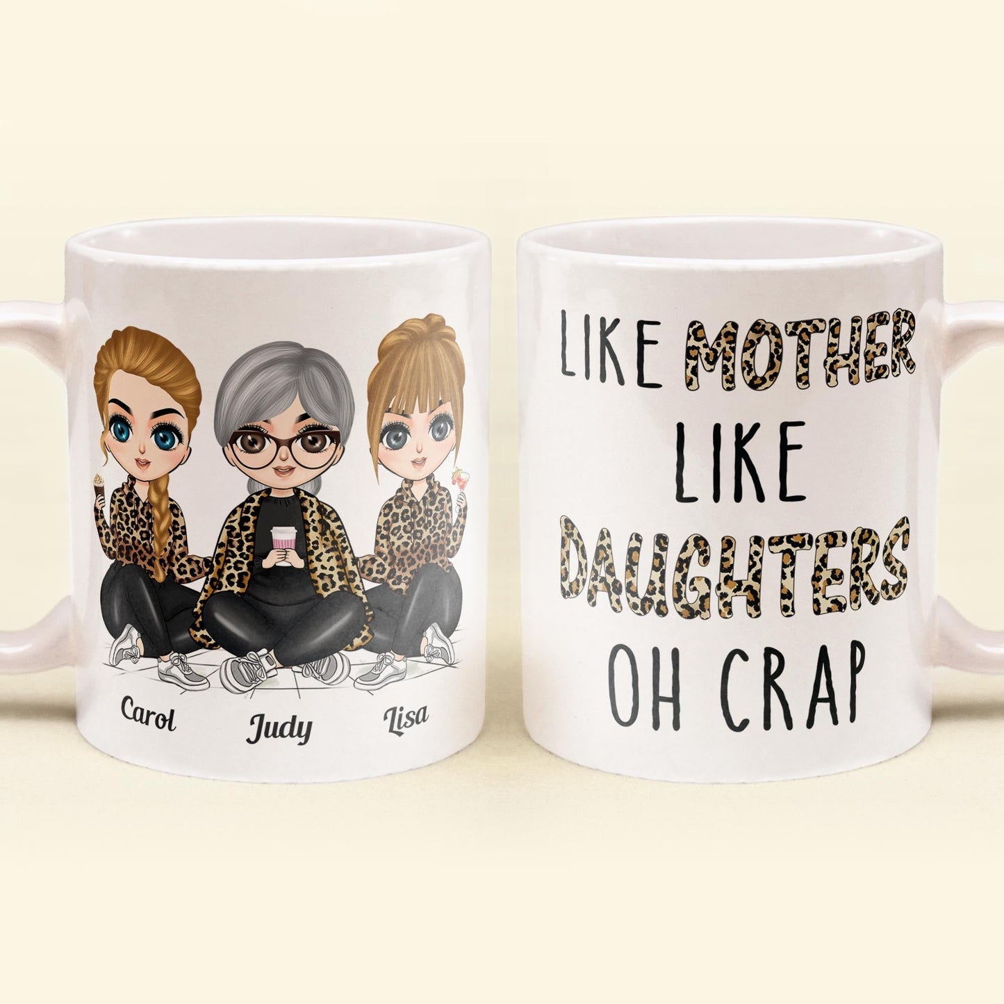 Like Mother Like Daughter Oh Crap Leopard Design - Personalized Mug - Birthday Gift For Mother, Mom, Daughter - Chibi Girls