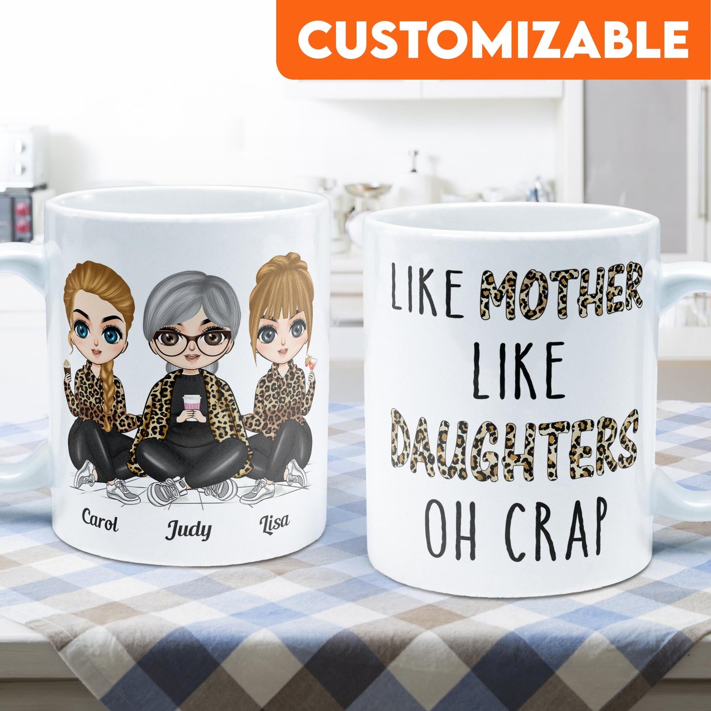 Like Mother Like Daughter Oh Crap Leopard Design - Personalized Mug - Birthday Gift For Mother, Mom, Daughter - Chibi Girls