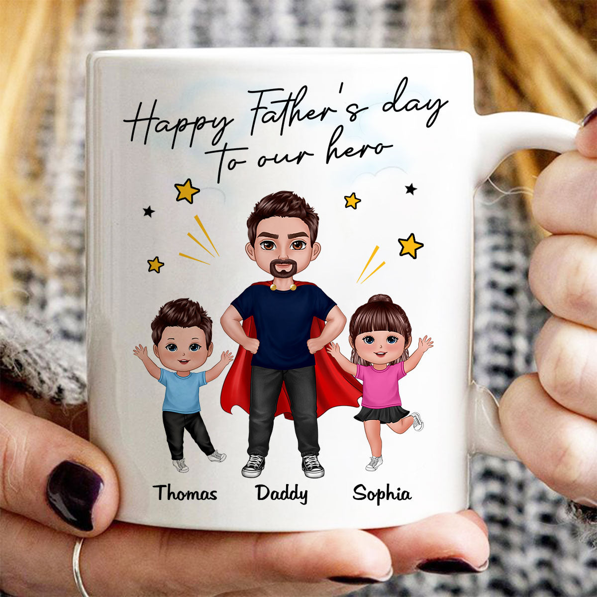 Happy Father's Day To Our Hero Super Dad & Happy Doll Kid Gift For Dad Personalized Mug