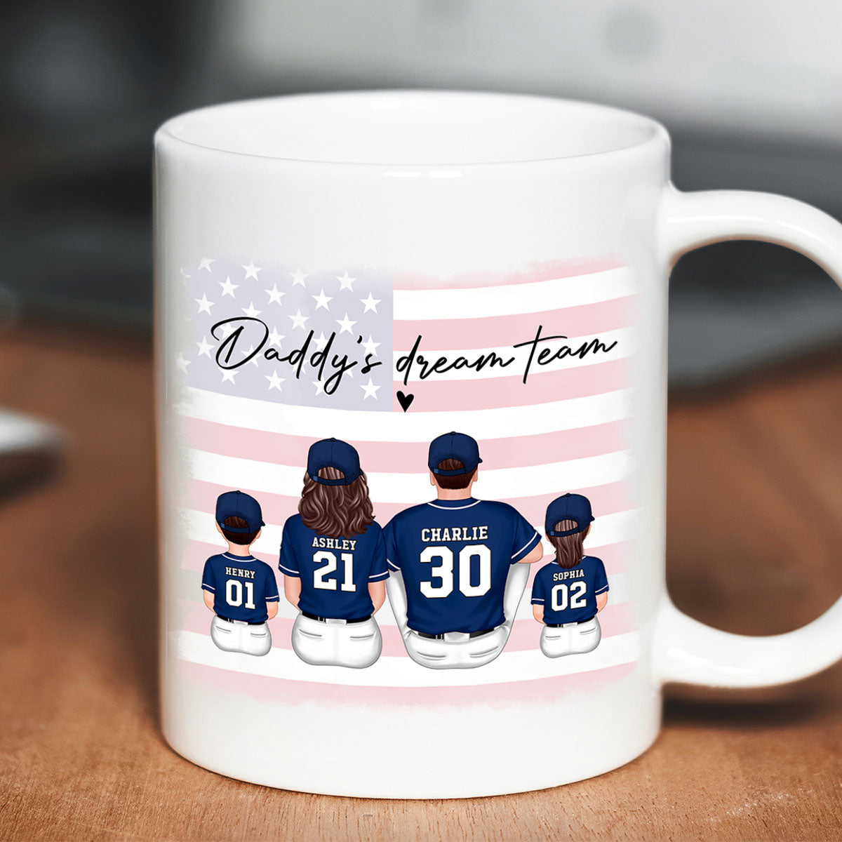 Daddy's Team Baseball Family Sitting Personalized Mug, Gift For Dad, Grandpa, Husband