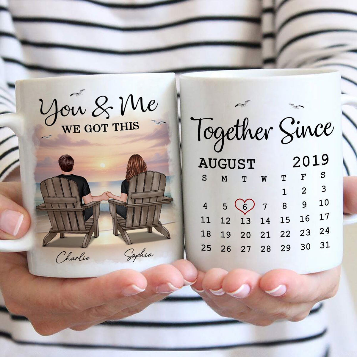 Eternal Sunset Beach Couple Back View Anniversary Calendar Personalized Mug, Gift, Anniversary Gift For Him, For Her