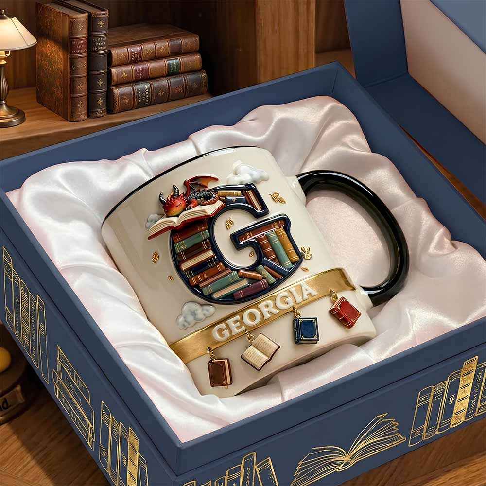 Vintage Book Dragon Alphabet Initial Letter - Personalized Accent Mug - Gift For Book Lovers NL122