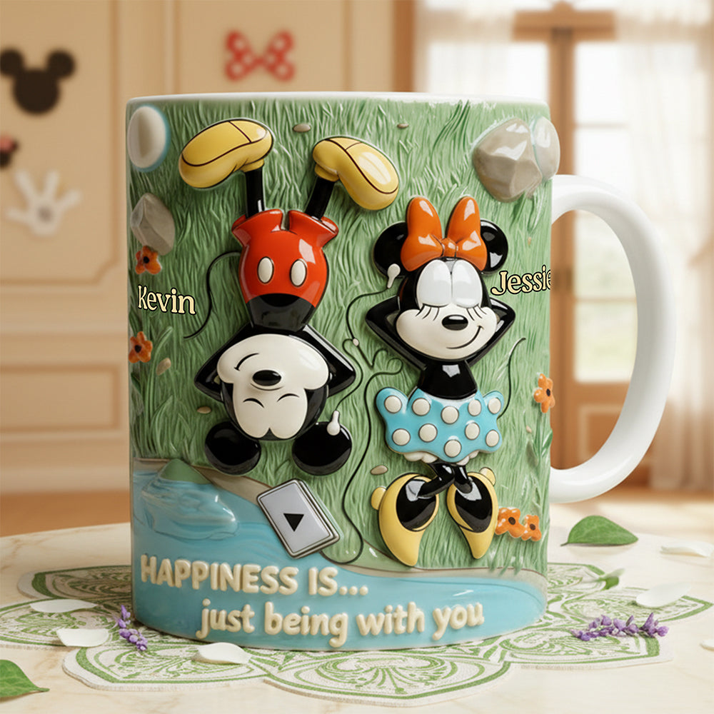 MkMo Magic Mouse Happiness Is Just Being With You - Personalized White Edge-To-Edge Mug - Gift For Couples, Movie Fans | NL122