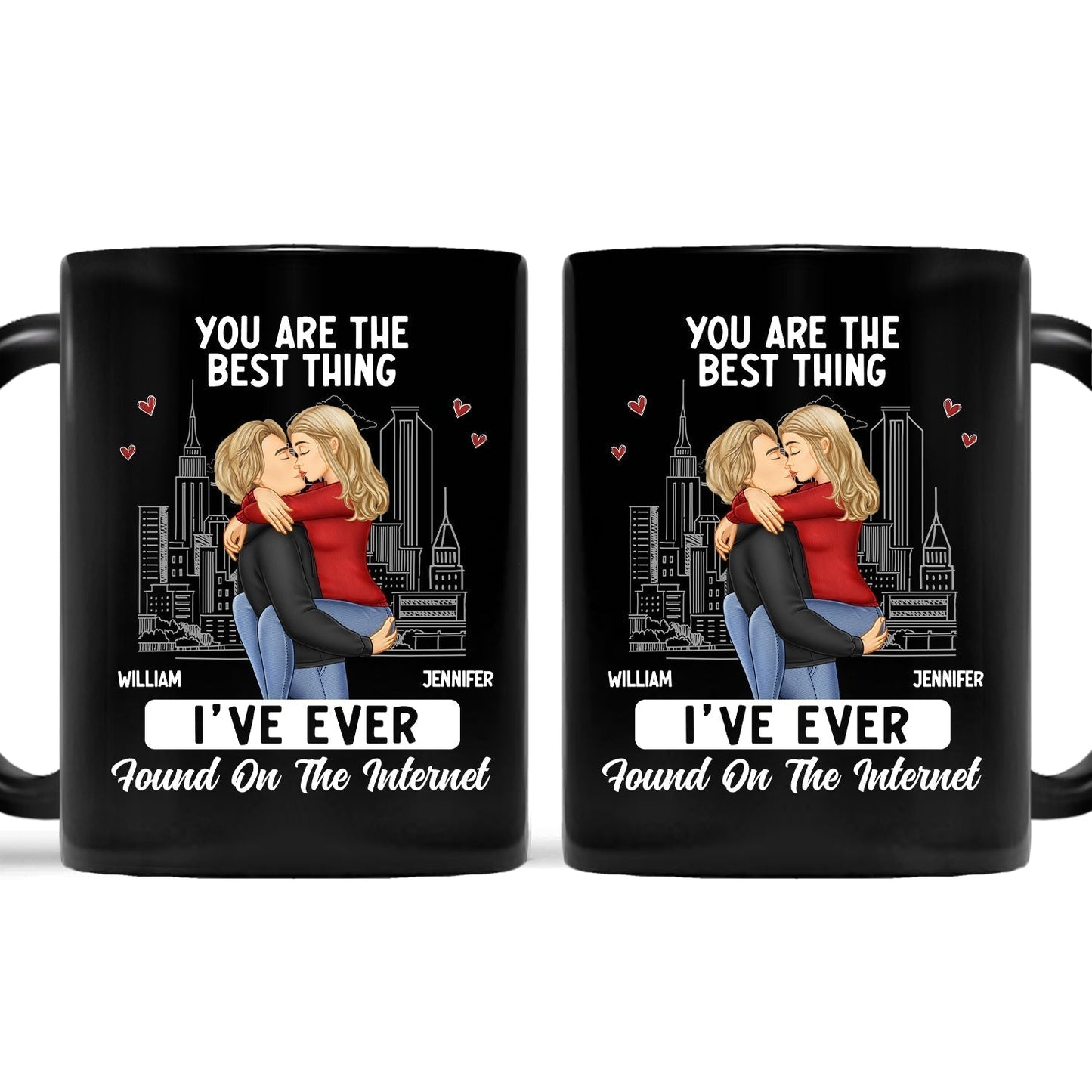 White Ceramic Mug with Couple Hug Design, Cityscape Background, Romantic Vibe, Perfect Gift for Lovers