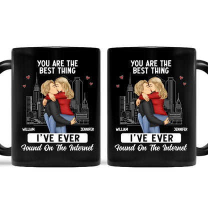 White Ceramic Mug with Couple Hug Design, Cityscape Background, Romantic Vibe, Perfect Gift for Lovers