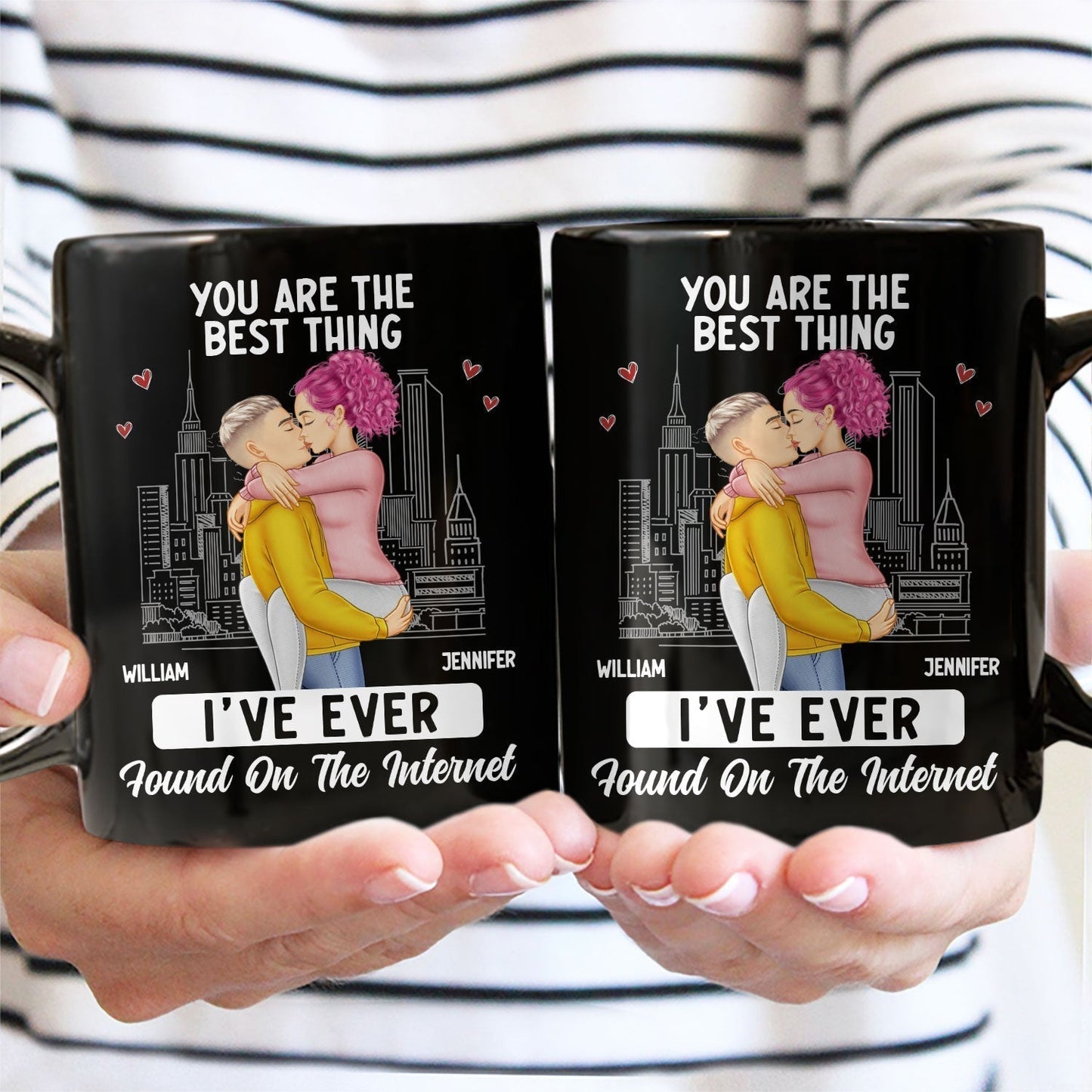 White Ceramic Mug with Couple Hug Design, Cityscape Background, Romantic Vibe, Perfect Gift for Lovers