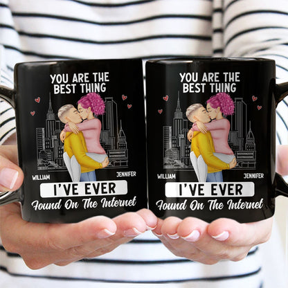 White Ceramic Mug with Couple Hug Design, Cityscape Background, Romantic Vibe, Perfect Gift for Lovers