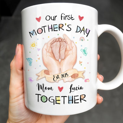 Our First Mother's Day, Mom and Lucia Together, Baby Feet and Hearts - Personalized Custom Coffee Mug - MOM094_MG
