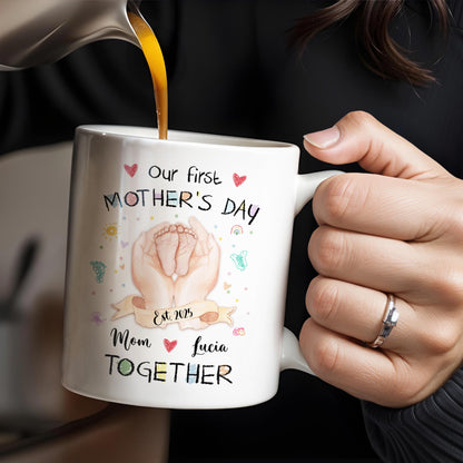 Our First Mother's Day, Mom and Lucia Together, Baby Feet and Hearts - Personalized Custom Coffee Mug - MOM094_MG