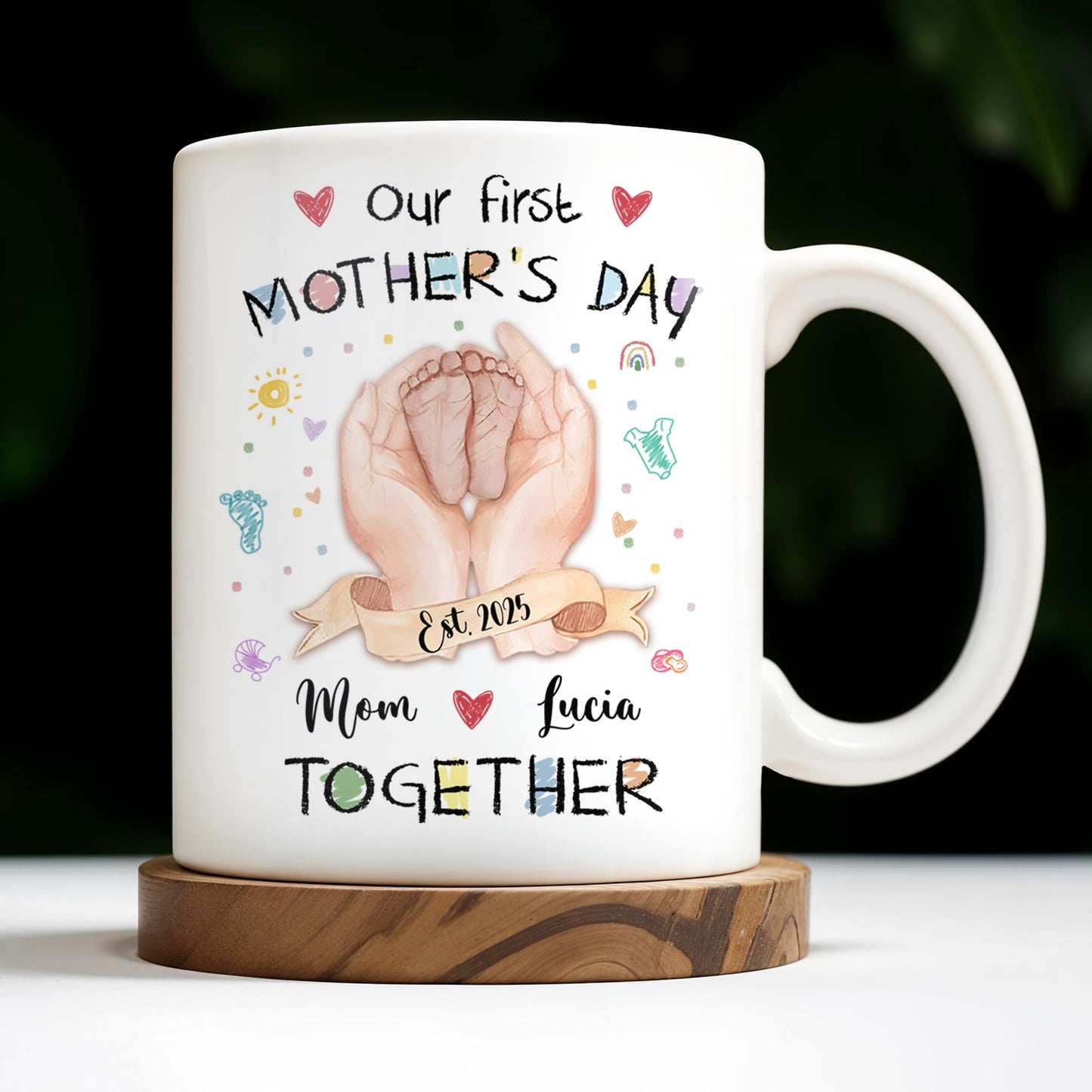 Our First Mother's Day, Mom and Lucia Together, Baby Feet and Hearts - Personalized Custom Coffee Mug - MOM094_MG