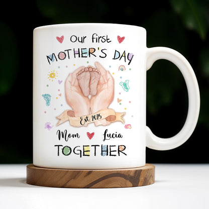 Our First Mother's Day, Mom and Lucia Together, Baby Feet and Hearts - Personalized Custom Coffee Mug - MOM094_MG