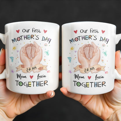 Our First Mother's Day, Mom and Lucia Together, Baby Feet and Hearts - Personalized Custom Coffee Mug - MOM094_MG