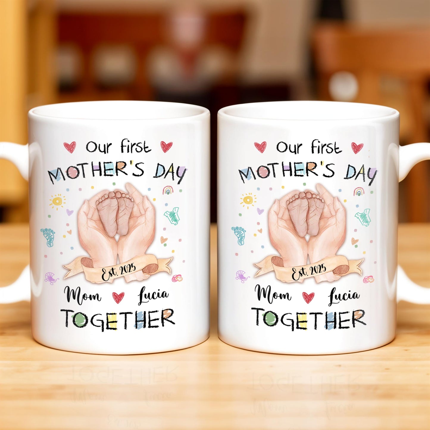 Our First Mother's Day, Mom and Lucia Together, Baby Feet and Hearts - Personalized Custom Coffee Mug - MOM094_MG