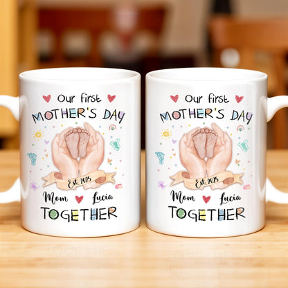 Our First Mother's Day, Mom and Lucia Together, Baby Feet and Hearts - Personalized Custom Coffee Mug - MOM094_MG