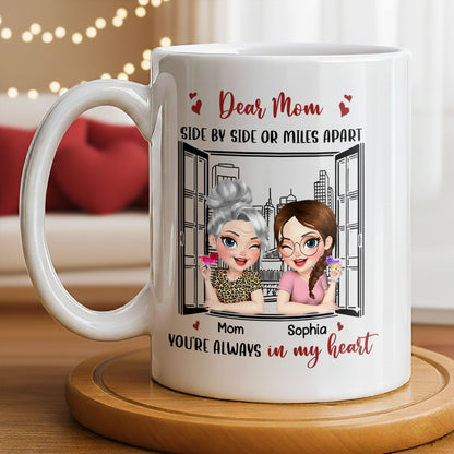 Dear Mom Side By Side Or Miles Apart Cityscape And Hearts Design - Personalized Custom Coffee Mug - MOM135_MG