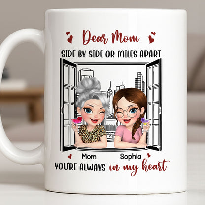 Dear Mom Side By Side Or Miles Apart Cityscape And Hearts Design - Personalized Custom Coffee Mug - MOM135_MG