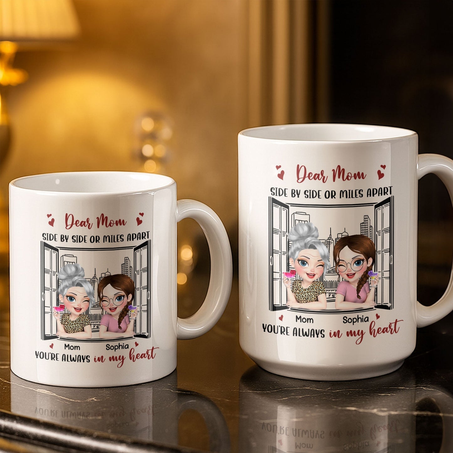 Dear Mom Side By Side Or Miles Apart Cityscape And Hearts Design - Personalized Custom Coffee Mug - MOM135_MG