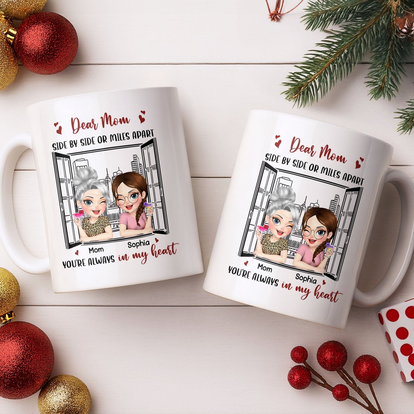 Dear Mom Side By Side Or Miles Apart Cityscape And Hearts Design - Personalized Custom Coffee Mug - MOM135_MG