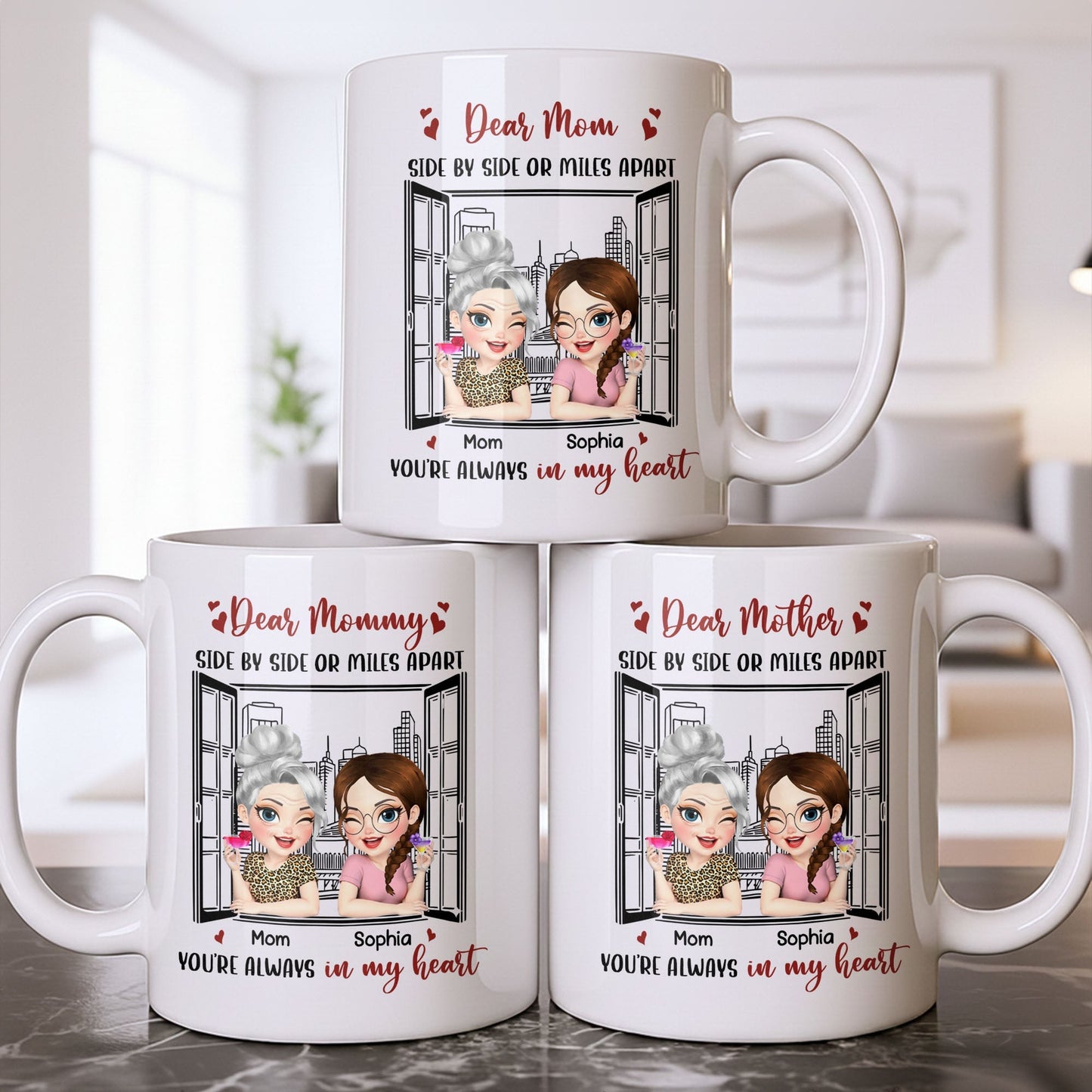 Dear Mom Side By Side Or Miles Apart Cityscape And Hearts Design - Personalized Custom Coffee Mug - MOM135_MG